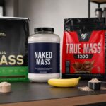 Mass gainer protein powder bags and tubs on a gym nutrition counter