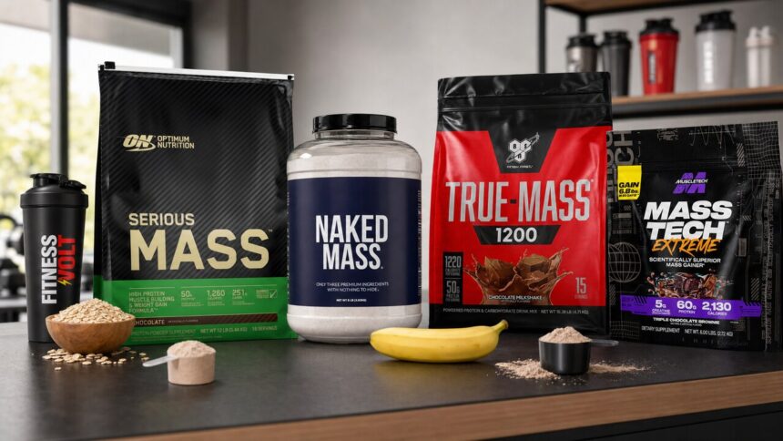 Mass gainer protein powder bags and tubs on a gym nutrition counter