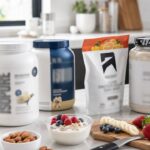 Protein powder tubs and shaker bottle on a clean nutrition counter