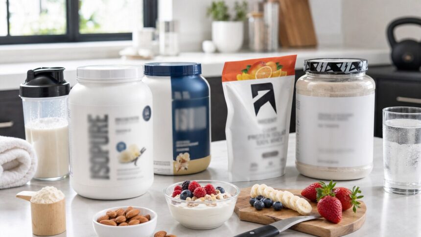 Protein powder tubs and shaker bottle on a clean nutrition counter