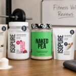 Real reviewed sensitive stomach protein powders arranged on a FitnessVolt review table