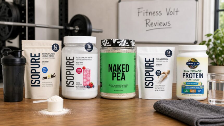 Real reviewed sensitive stomach protein powders arranged on a FitnessVolt review table