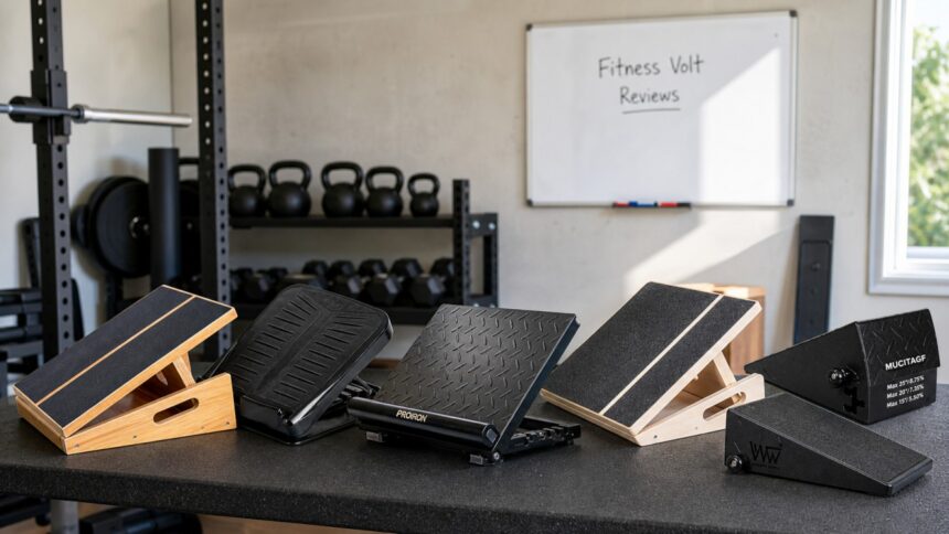 Real reviewed slant board products arranged in a FitnessVolt review setup