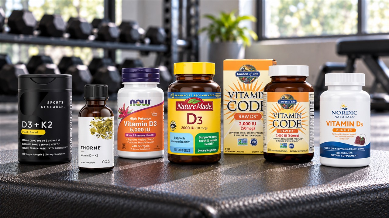 Six vitamin D products arranged on a gym bench with bottles, a liquid and gummies visible