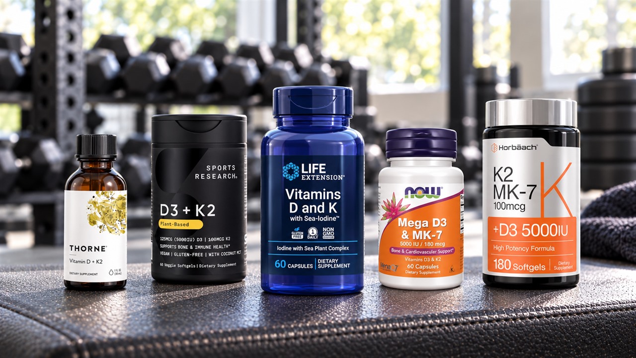 Five vitamin D and K combination products arranged on a gym bench with their labels visible