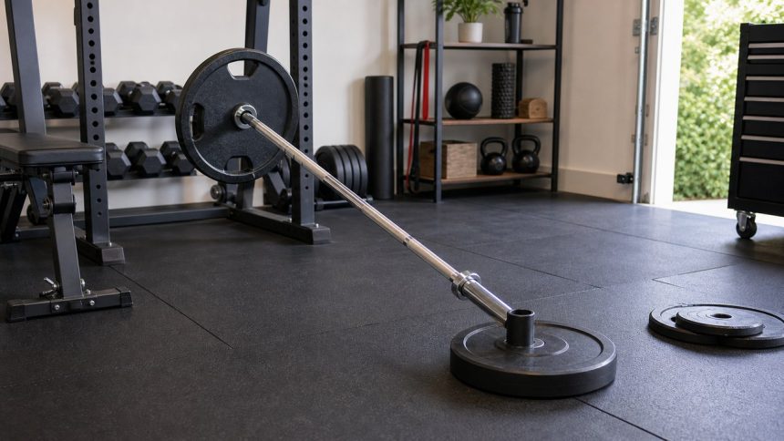 DIY landmine attachment setup with barbell sleeve secured in a stable base on rubber flooring