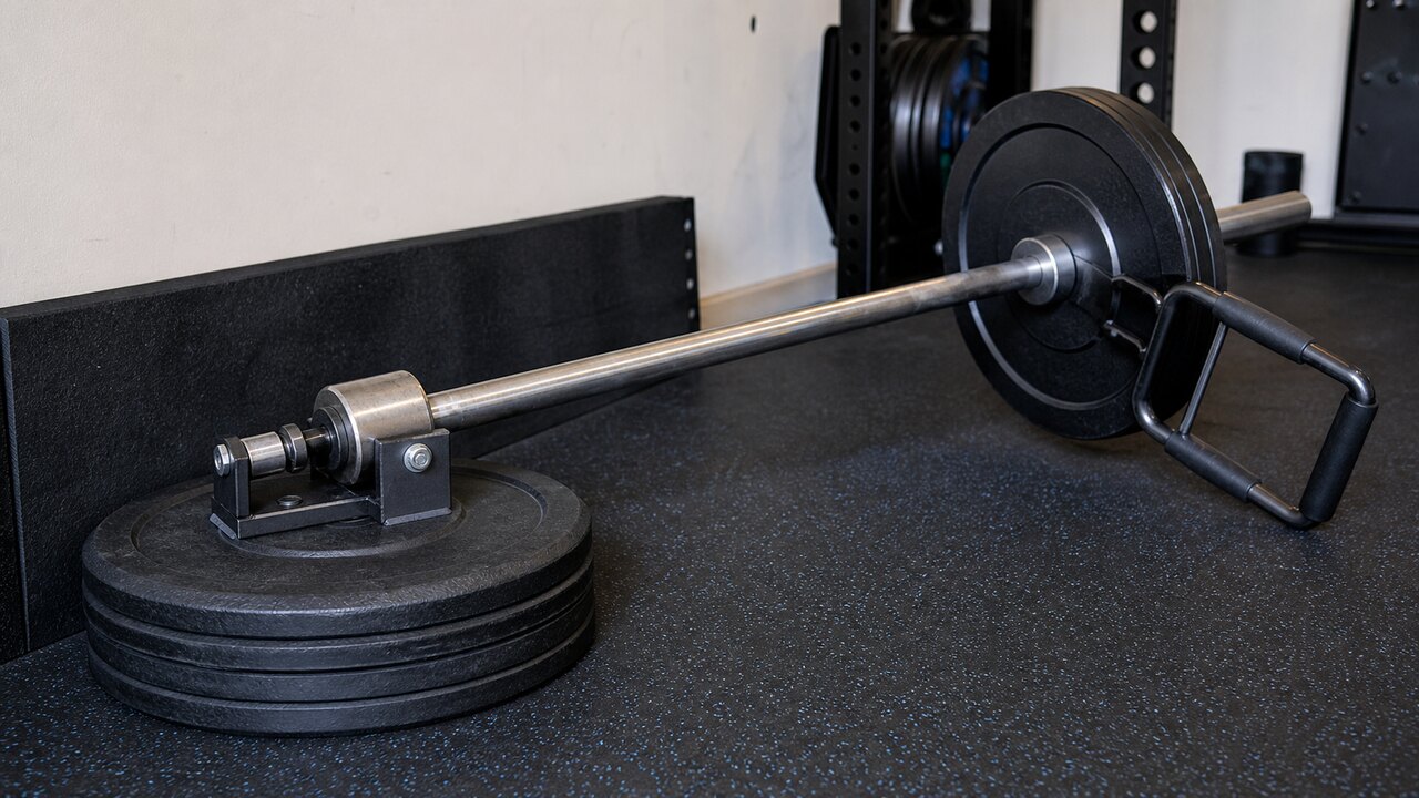 DIY landmine attachment close-up with barbell sleeve in a stable base, plates, row handle, and rubber floor protection