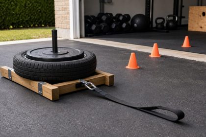 Homemade DIY weight sled with tire, tow strap, plate, and driveway pull lane