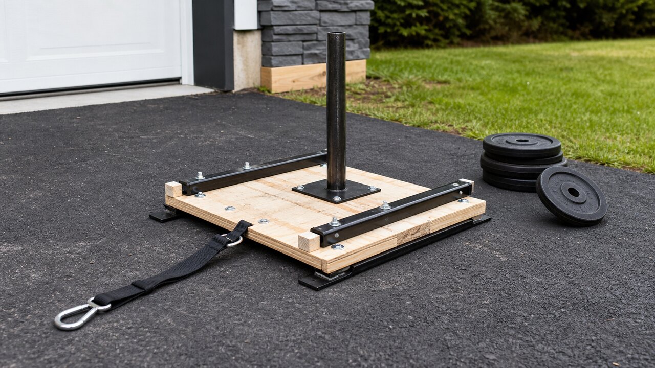 Wooden DIY weight sled with skid rails, center loading post, tow strap, and weight plates on a driveway