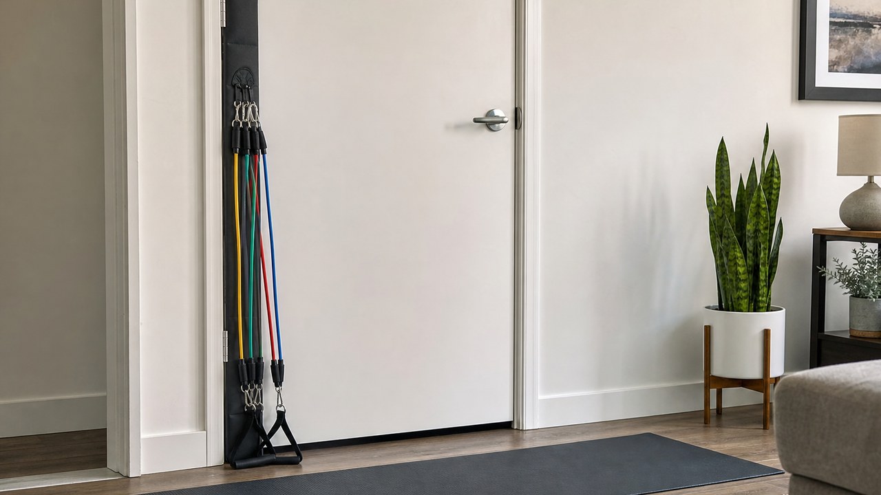 Resistance bands attached to a padded no-drill door anchor in an apartment home gym