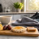 Small pre-workout carb foods beside gym gear before morning training