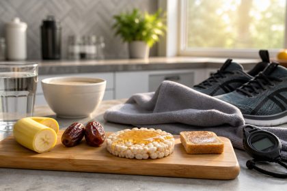 Small pre-workout carb foods beside gym gear before morning training