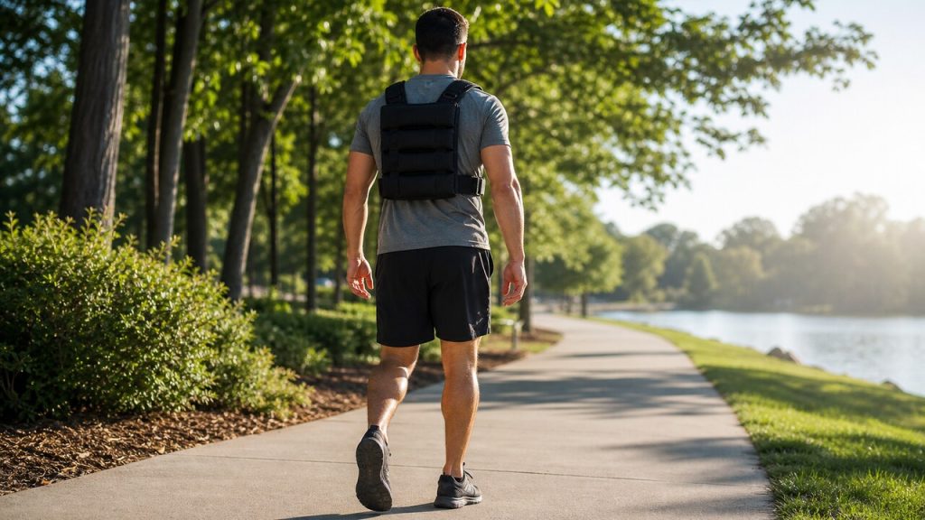 Athlete walking outdoors with a weighted vest for a loaded walk workout