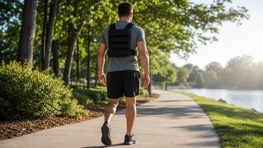 Athlete walking outdoors with a weighted vest for a loaded walk workout