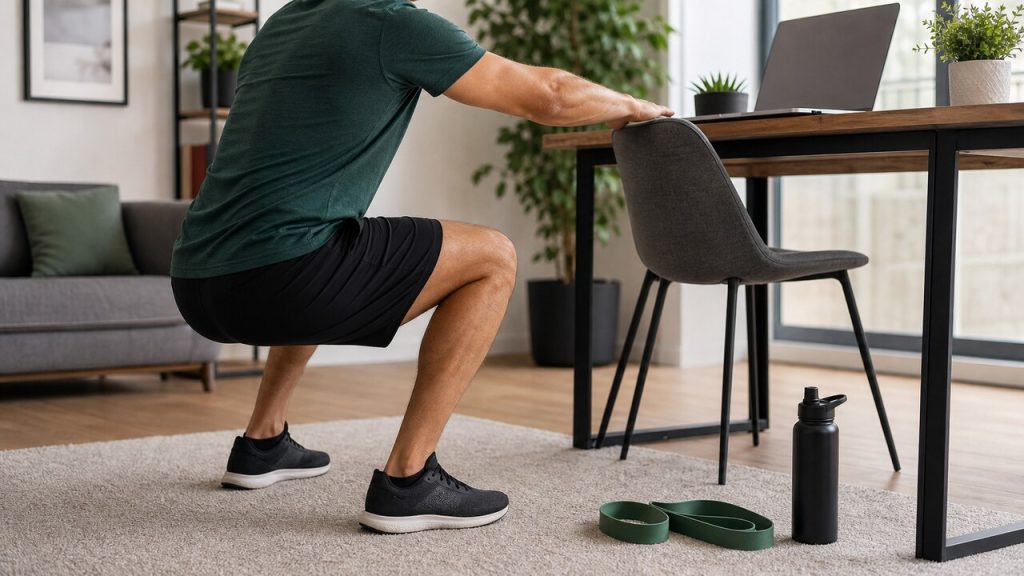 Person doing a short exercise snack in a home office beside a desk