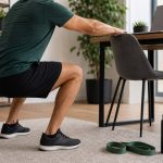 Person doing a short exercise snack in a home office beside a desk