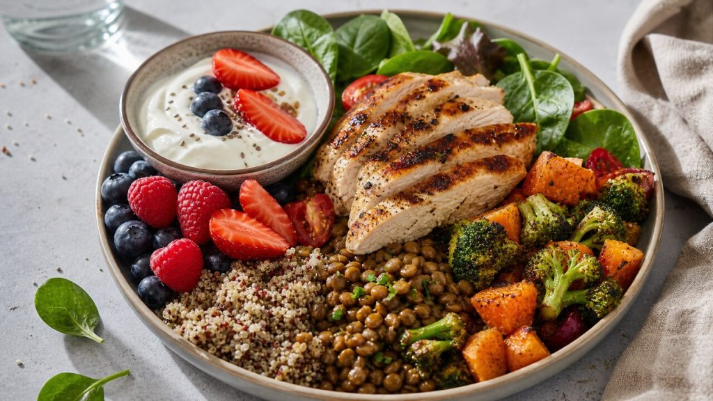 High-protein high-fiber 30/10 Plate meal with chicken yogurt berries lentils and vegetables