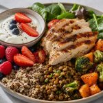 High-protein high-fiber 30/10 Plate meal with chicken yogurt berries lentils and vegetables