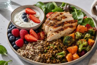 High-protein high-fiber 30/10 Plate meal with chicken yogurt berries lentils and vegetables
