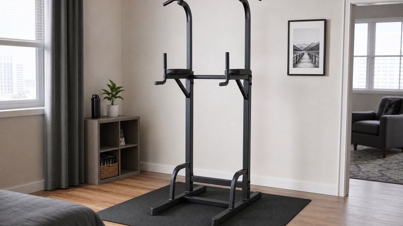 Freestanding pull-up and dip tower placed on a removable mat with no wall anchors