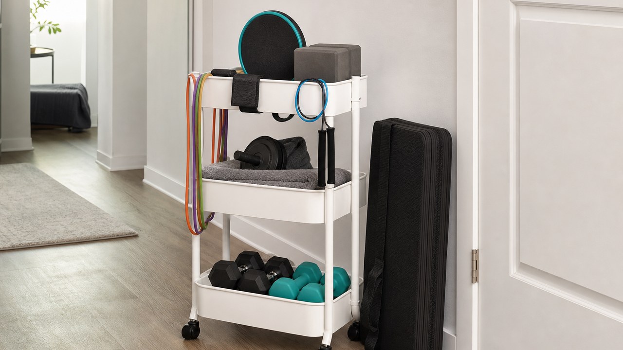 Freestanding rolling storage cart holding resistance bands, sliders, towels, and small gym gear