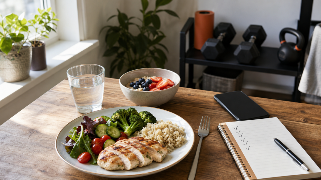 Long-term diet success meal planning with protein, fiber, lifting, and habit tracking