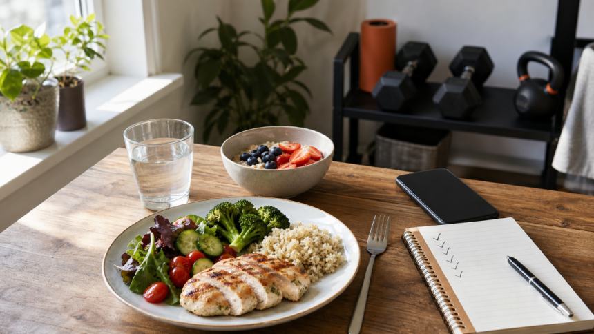 Long-term diet success meal planning with protein, fiber, lifting, and habit tracking