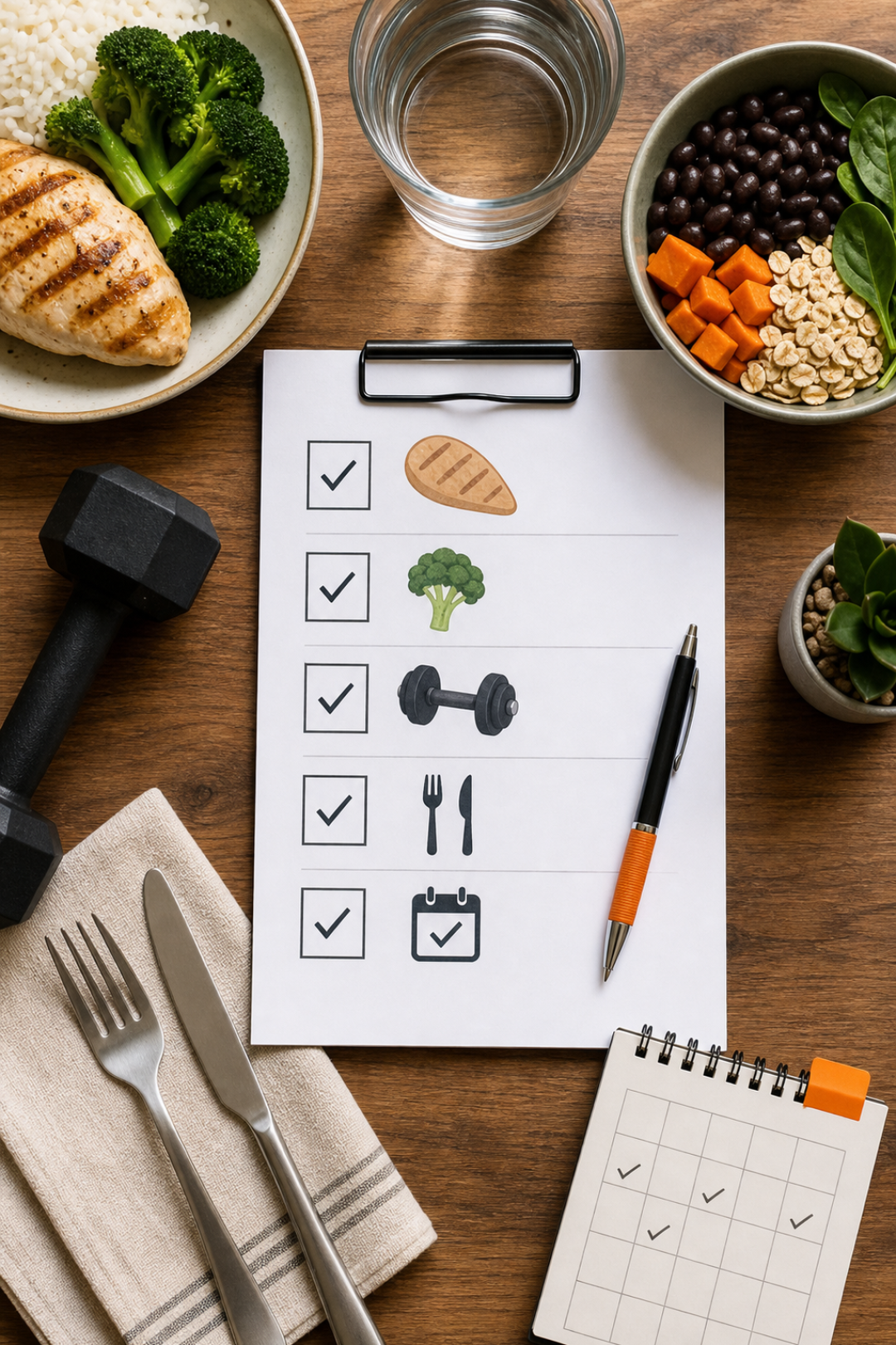 Long-term diet scorecard checklist with protein, fiber, training, eating out, and maintenance icons