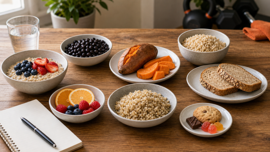 Carbohydrate quality comparison with oats, berries, beans, sweet potatoes, rice, bread, and small dessert portions