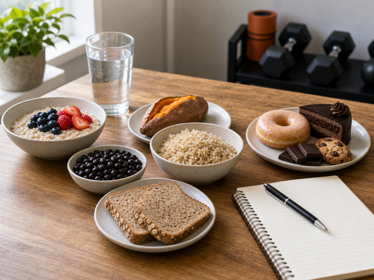 Carb quality comparison table scene with fiber-rich carbs and dessert foods on a kitchen table