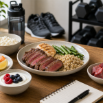 L-carnitine article scene with fish, lean beef, chicken, dairy, rice, vegetables, water, gym shoes, and a plain supplement bottle