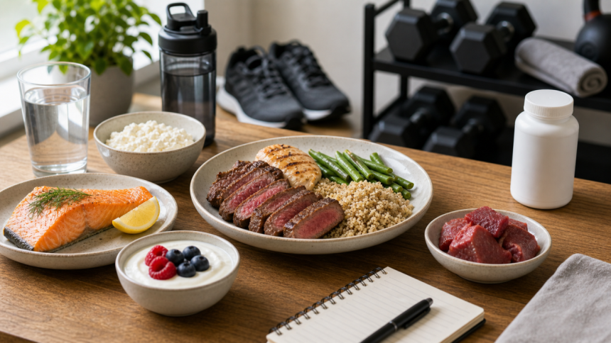 L-carnitine article scene with fish, lean beef, chicken, dairy, rice, vegetables, water, gym shoes, and a plain supplement bottle