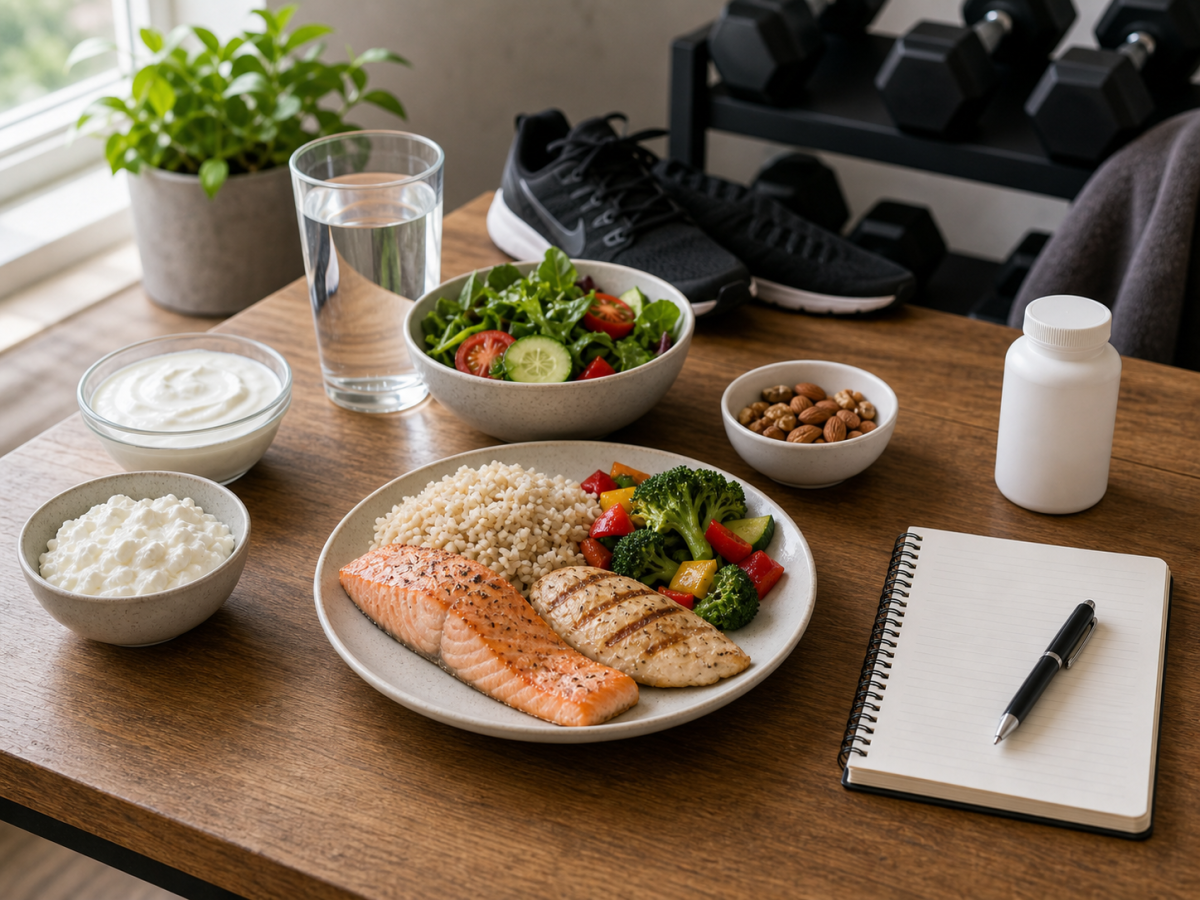 Food-first carnitine decision scene with fish, lean meat, dairy, vegetables, rice, water, dumbbells, and a subtle supplement bottle