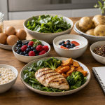 Fat loss foods arranged on a kitchen table with protein, fiber-rich carbs, fruit, coffee, water, and gym gear