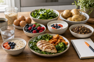 Fat loss foods arranged on a kitchen table with protein, fiber-rich carbs, fruit, coffee, water, and gym gear
