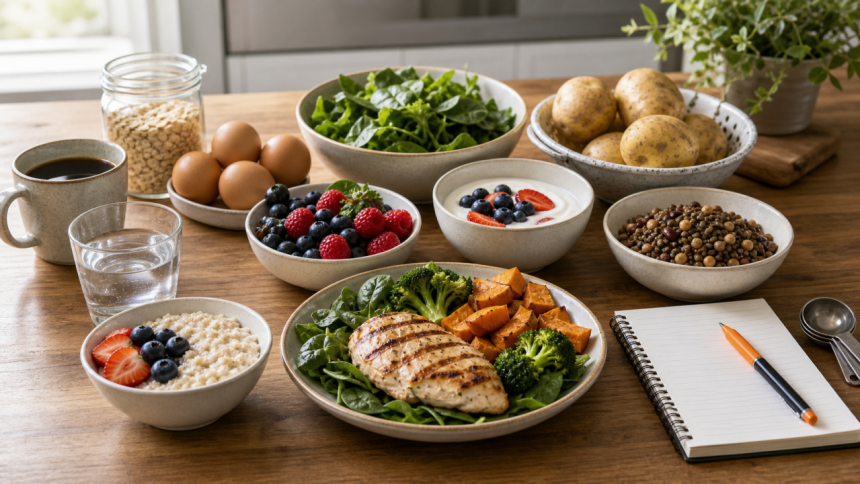 Fat loss foods arranged on a kitchen table with protein, fiber-rich carbs, fruit, coffee, water, and gym gear
