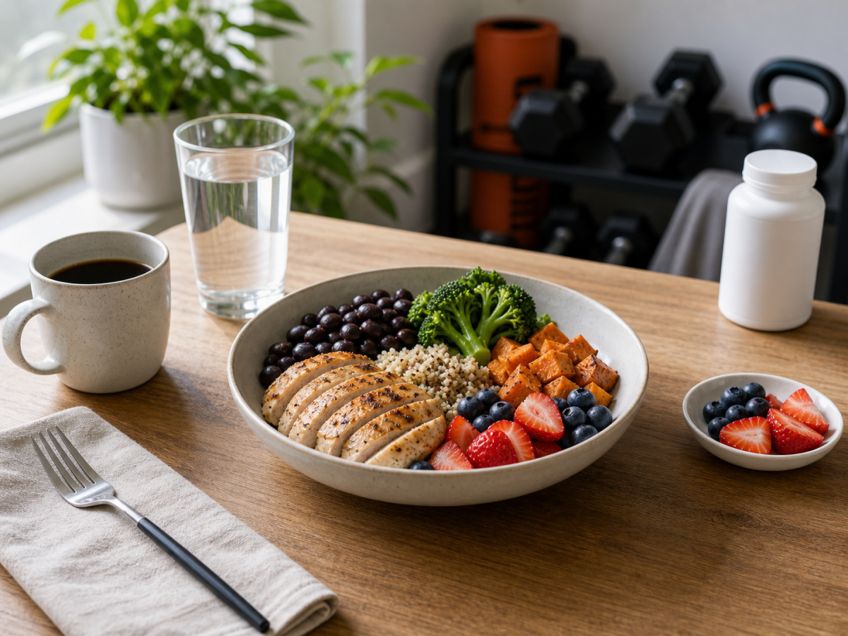 Food-first fat loss plate with lean protein, beans, vegetables, berries, coffee, water, and a supplement bottle in the background