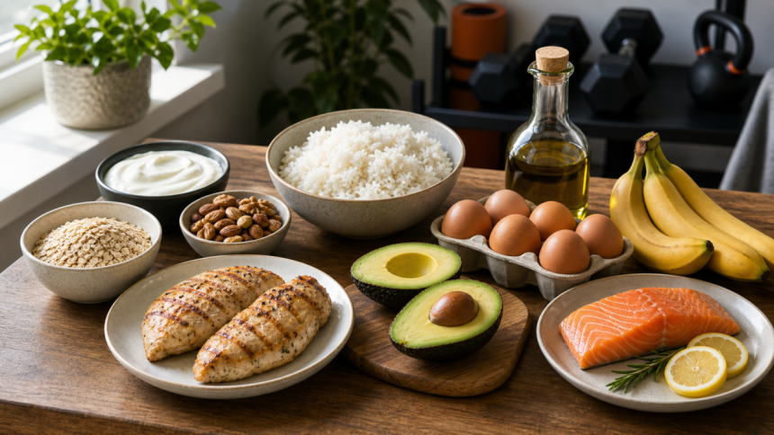 Healthy bulking foods including chicken, salmon, eggs, yogurt, oats, rice, avocado, olive oil, bananas, and potatoes