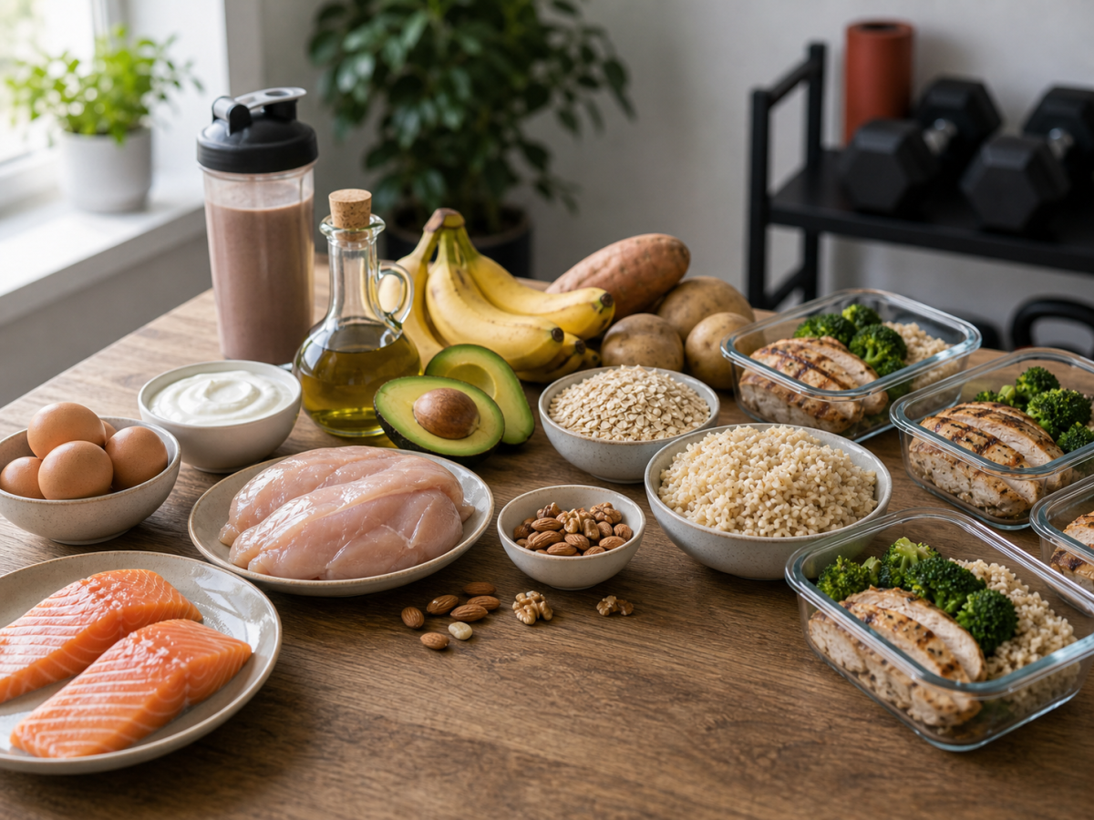 Lean-bulk meal prep spread with protein foods, rice, potatoes, oats, yogurt, bananas, avocado, and prepared meals
