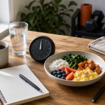 Intermittent fasting setup with balanced meal bowl, water, coffee, timer, towel, dumbbells, and gym gear