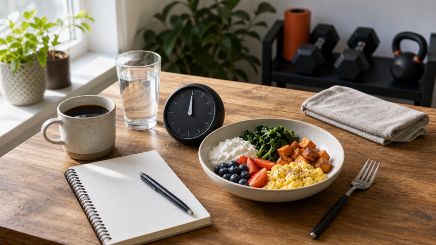 Intermittent fasting setup with balanced meal bowl, water, coffee, timer, towel, dumbbells, and gym gear