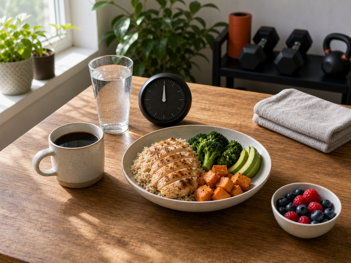 Post-workout intermittent fasting meal with protein, vegetables, carbs, fruit, water, coffee, and gym equipment