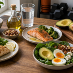 Keto diet foods for lifters with eggs, salmon, chicken, avocado, greens, olive oil, nuts, berries, water, and gym equipment