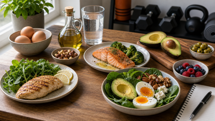 Keto diet foods for lifters with eggs, salmon, chicken, avocado, greens, olive oil, nuts, berries, water, and gym equipment