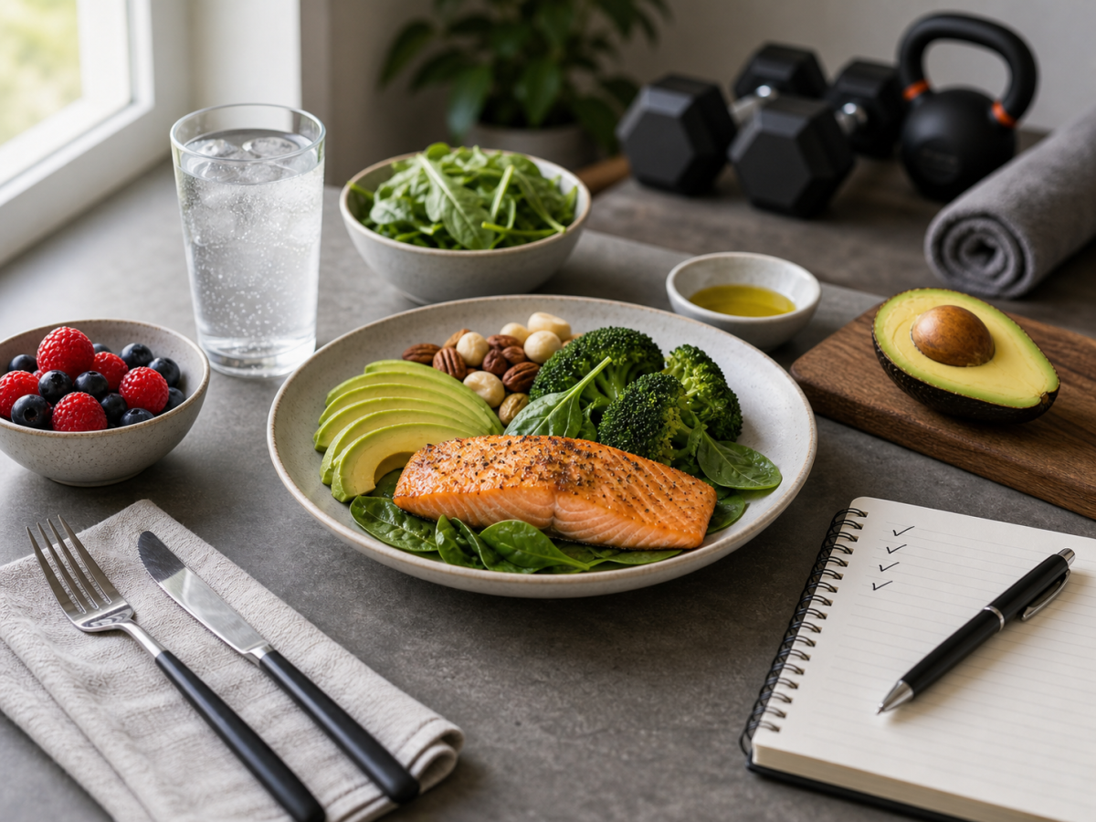 Balanced keto meal planning scene with low-carb foods, water, berries, notebook, and home gym gear