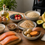 Lean bulking foods with chicken, salmon, eggs, Greek yogurt, rice, oats, potatoes, avocado, olive oil, bananas, berries, and gym gear