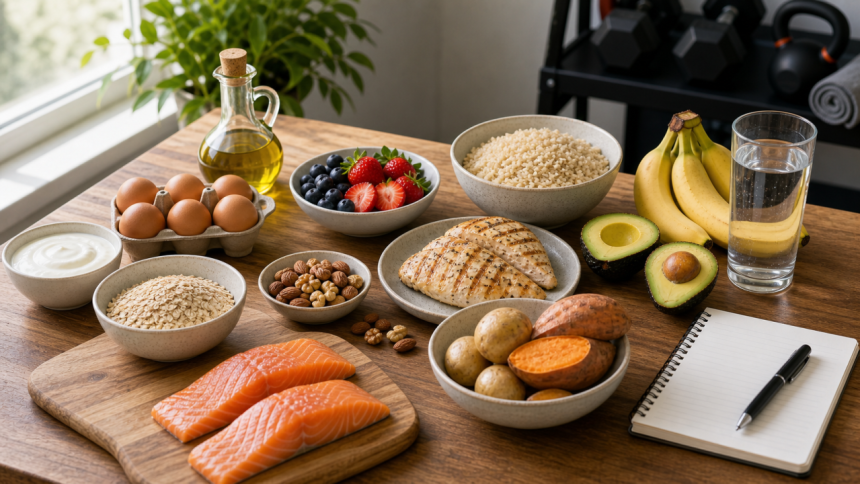 Lean bulking foods with chicken, salmon, eggs, Greek yogurt, rice, oats, potatoes, avocado, olive oil, bananas, berries, and gym gear