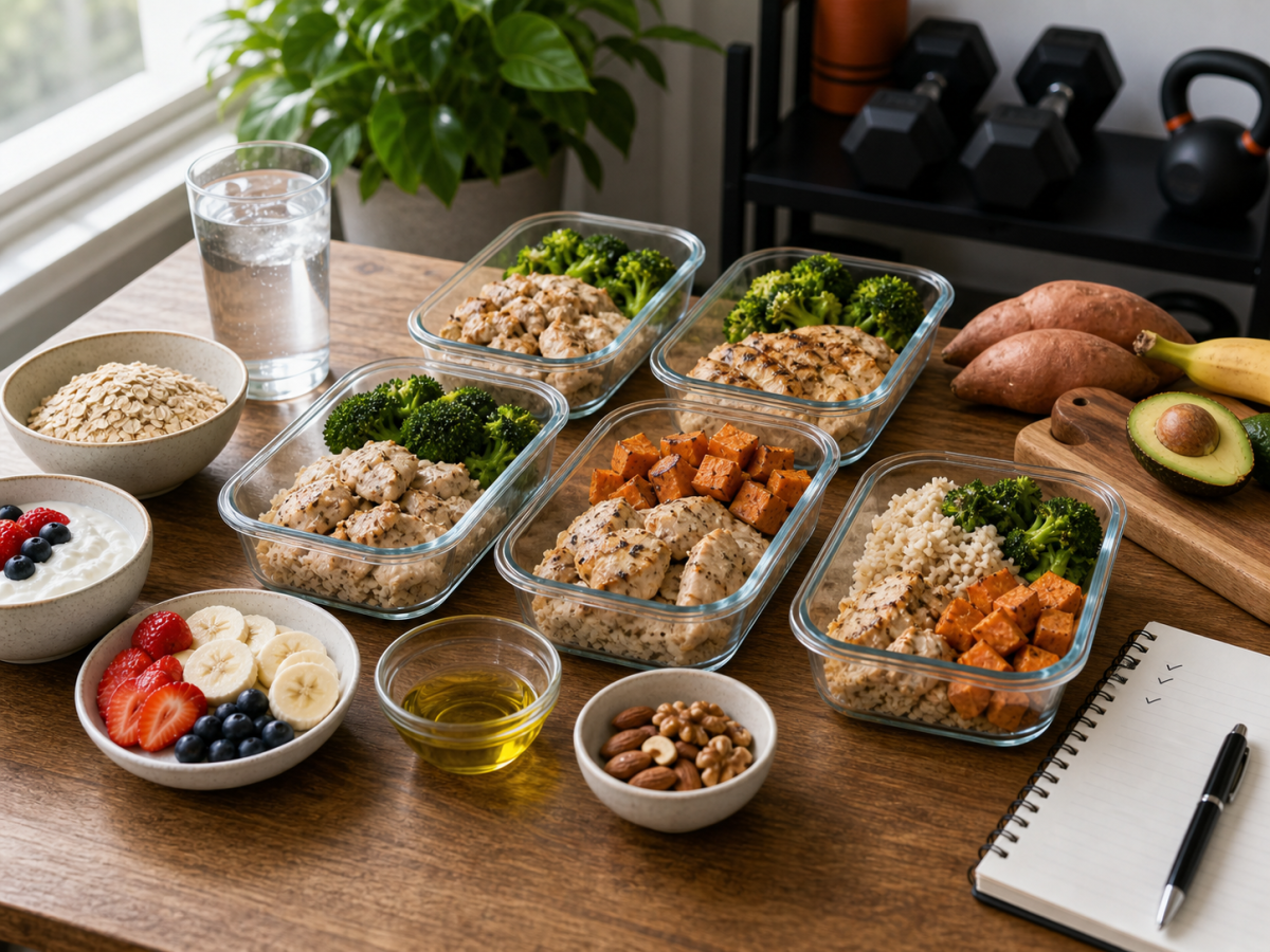 Lean bulk meal prep scene with chicken, rice, potatoes, vegetables, yogurt, oats, fruit, water, and a planning notebook
