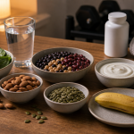 Magnesium-rich foods for lifters including spinach, almonds, pumpkin seeds, beans, yogurt, banana, dark chocolate, water, and gym gear