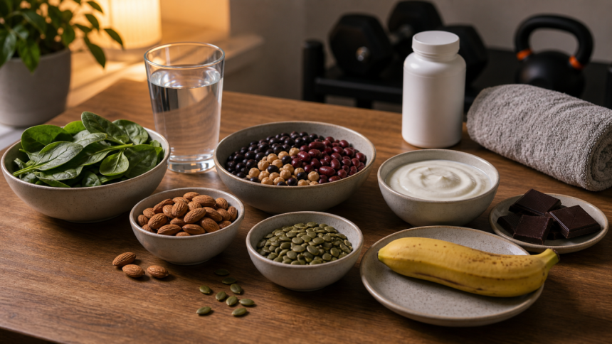 Magnesium-rich foods for lifters including spinach, almonds, pumpkin seeds, beans, yogurt, banana, dark chocolate, water, and gym gear